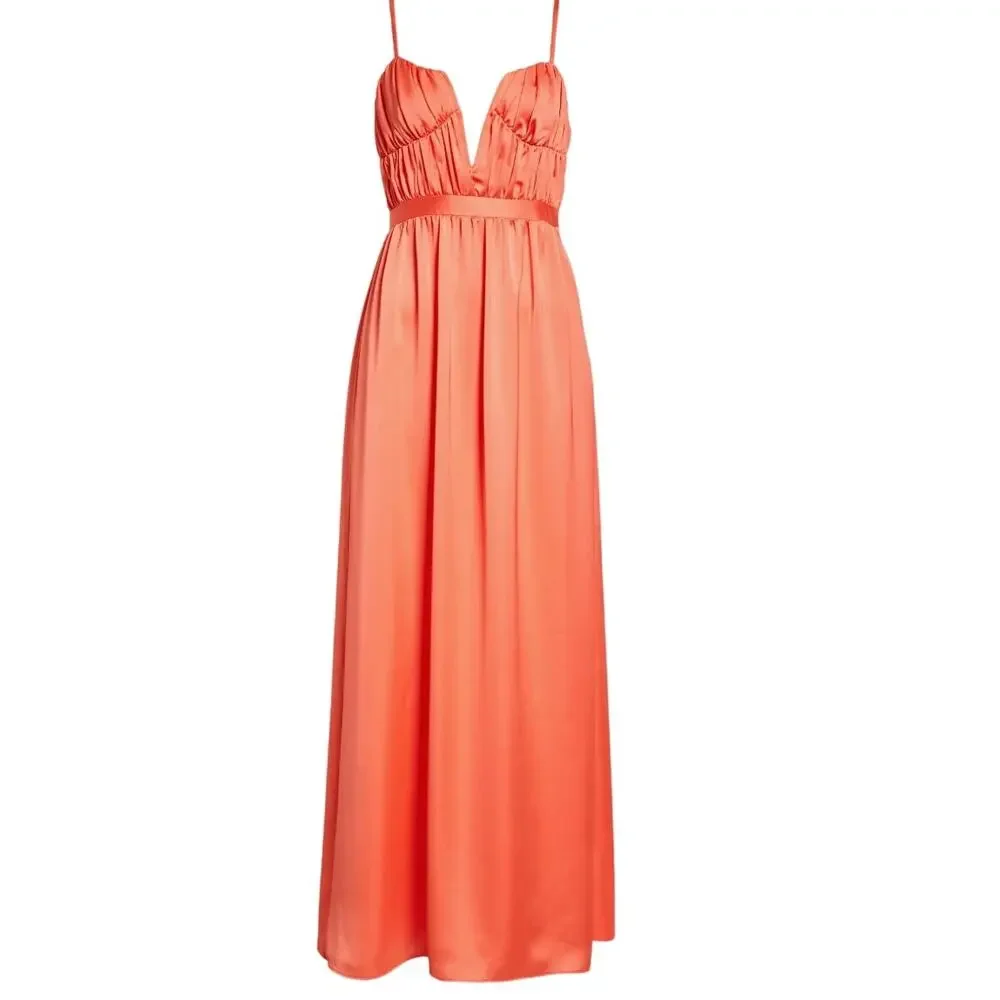 Ramy Brook Maxi Dress Size 12 Guava Coral Pink Satin Corset Plunge Neck Dress